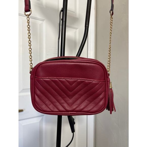 Women's Crossbody Shoulder Purse Bag Small Burgundy & Gold Tassle Zipper - Picture 2 of 8